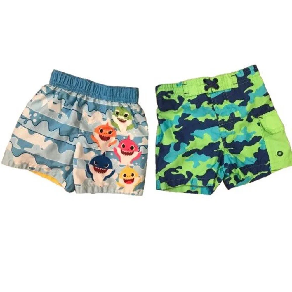 Boy's 12 Month Swim trunks Lot of 2 Baby Shark and Camo w/ lining